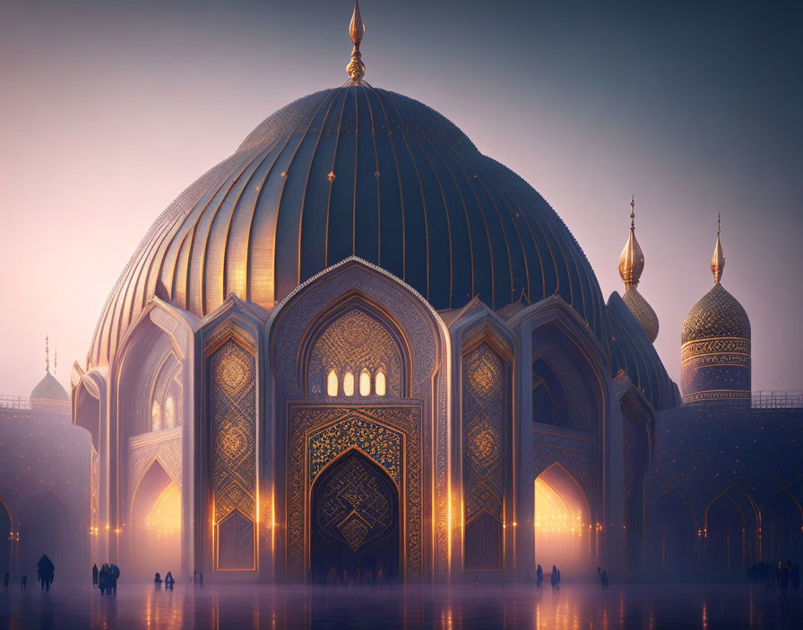 Ornate Mosque with Large Dome and Intricate Patterns at Twilight