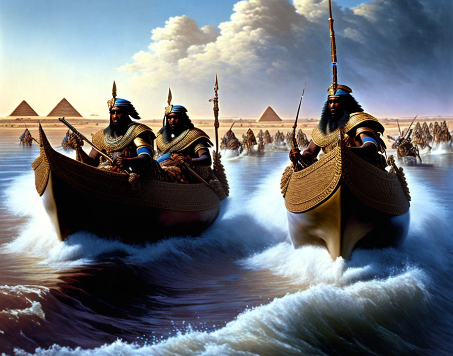 Ancient Egyptian soldiers rowing reed boats with pyramids in dramatic sky