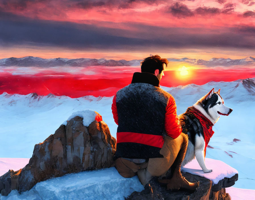 Man and Husky on Snowy Mountain Peak at Vibrant Sunset