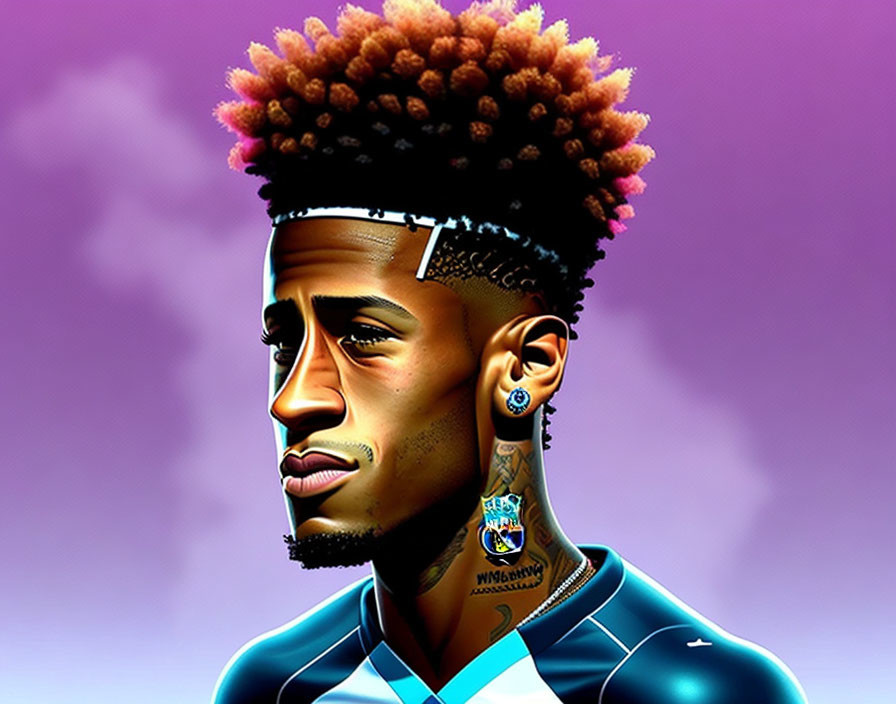 Man with Ombre High-Top Fade, Earrings, Football Jersey on Purple Background