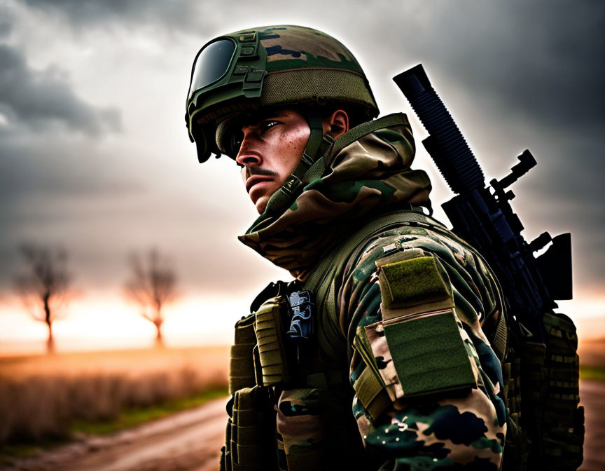 Camouflaged soldier with rifle under cloudy sunset sky