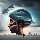 Surreal profile portrait with landscape inside and solitary figure