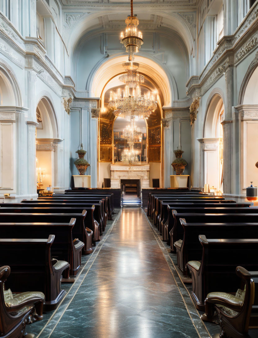 Church interior with rows of pews, gleaming aisle, chandeliers, and grand arches