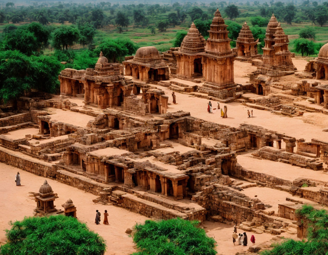 Ancient sandstone temples with intricate carvings and greenery, people walking among ruins