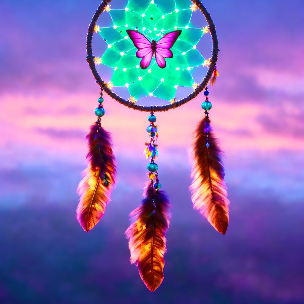 Colorful Dreamcatcher with Feathers on Purple and Pink Sky Background