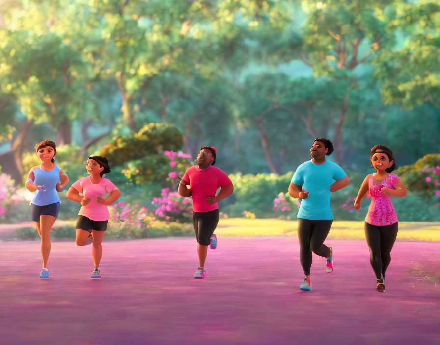 Four animated characters jogging in lush greenery on purple path