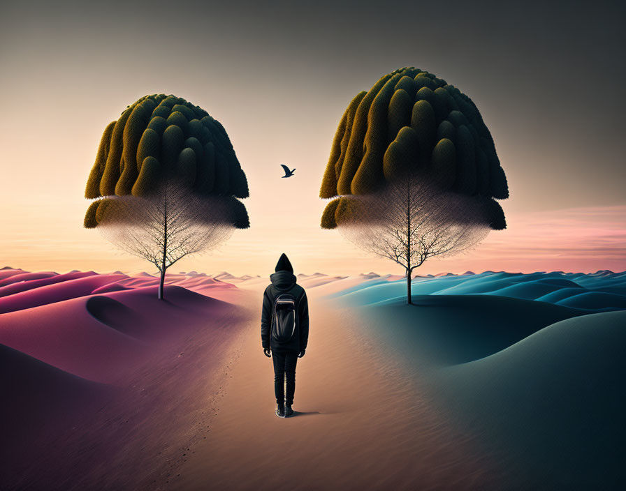 Hooded person in surreal desert with pink and blue hills and brain-like trees