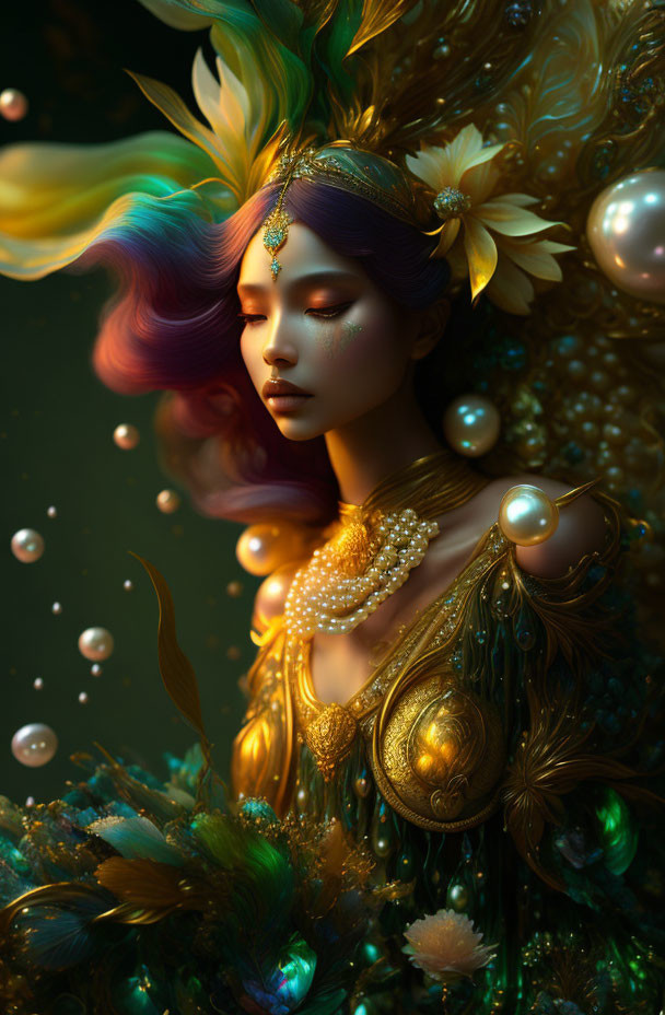 Violet-skinned female figure with multicolored hair, golden jewelry, feathers, orbs, and