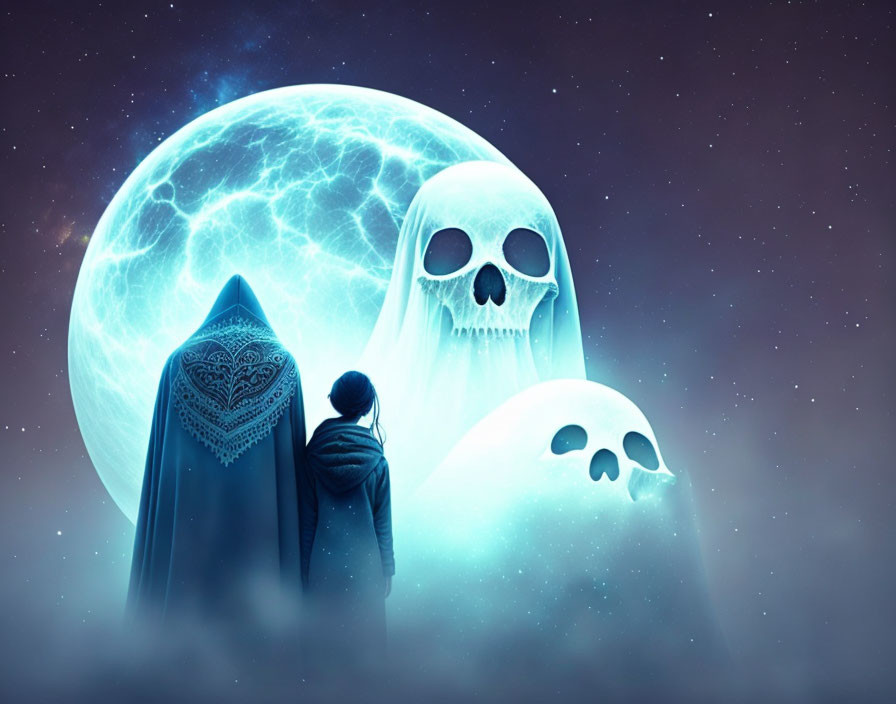 Cloaked figure gazes at ghostly figures under full moon