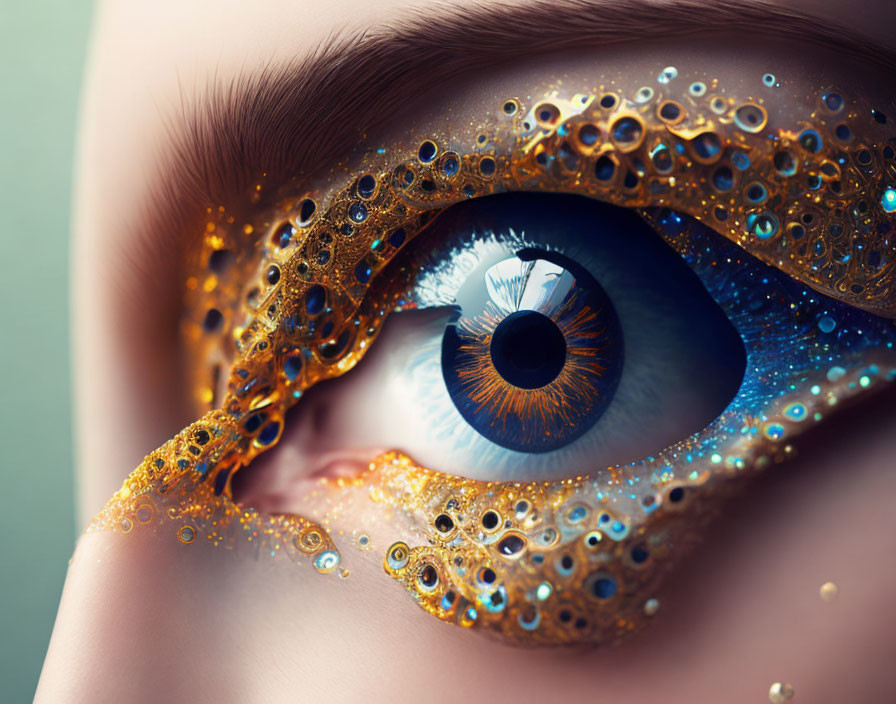 Blue eye with golden bejeweled masquerade mask in close-up view.