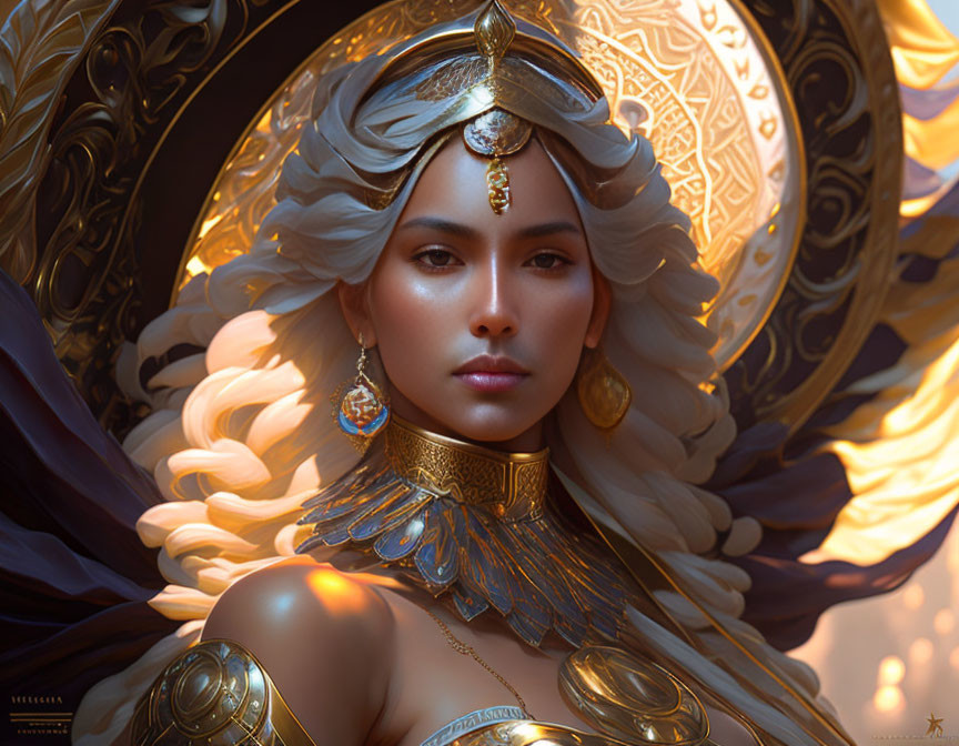 Regal woman adorned in golden jewelry against gilded background