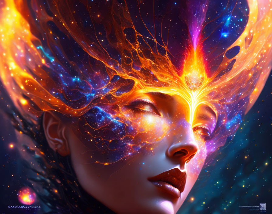 Vibrant cosmic visuals in surreal portrait of a woman