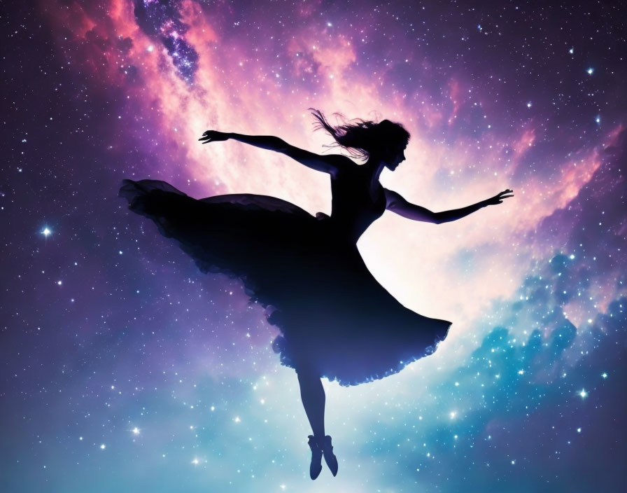 Elegant woman dancing against vibrant cosmic backdrop