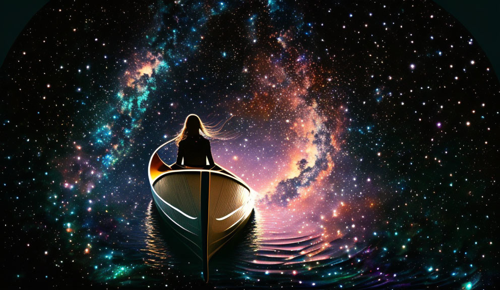 Person in Boat Under Starry Cosmic Sky with Celestial Colors