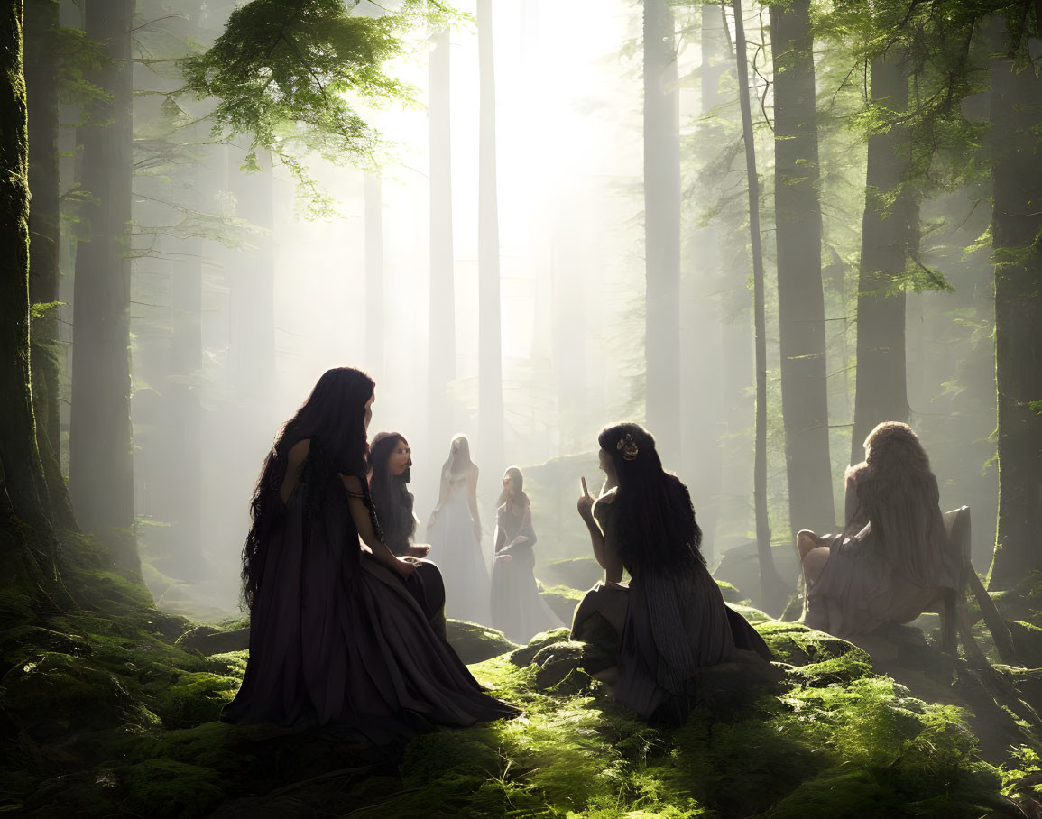 Fantasy characters in elaborate robes gather in tranquil forest scene