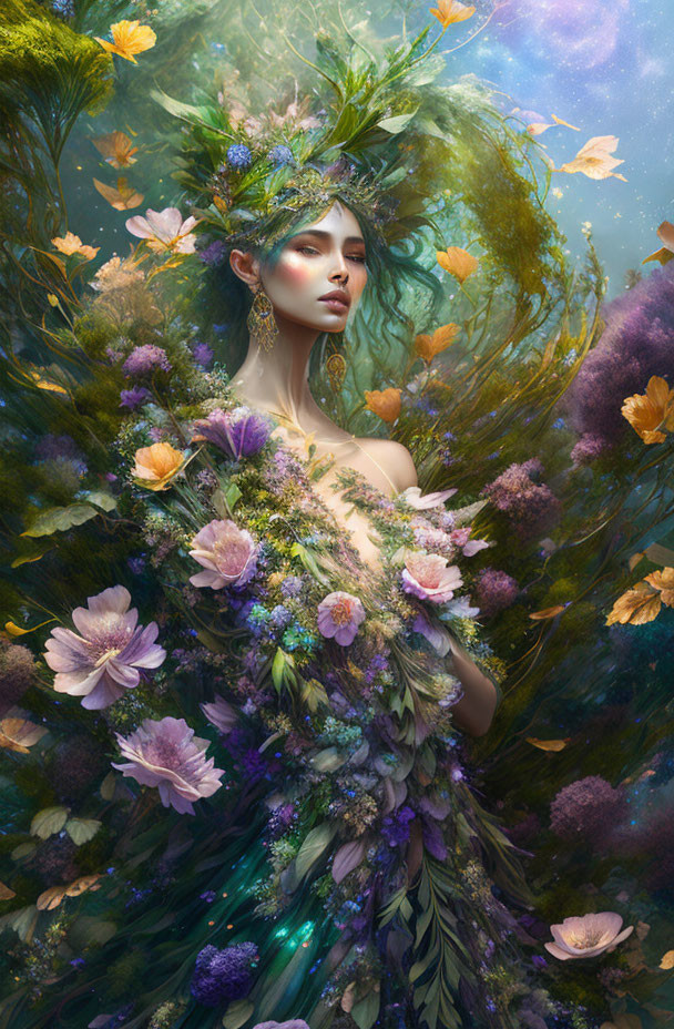 Woman adorned with lush flowers in nature-inspired backdrop.