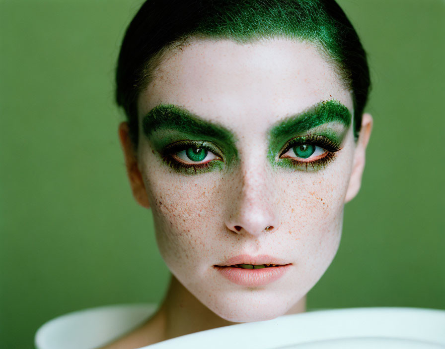 Close-Up Portrait Featuring Green Eyeshadow and Freckles