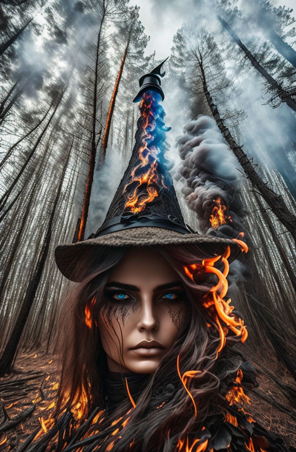 Elaborate Witch in Flaming Hat Stands in Mystical Forest