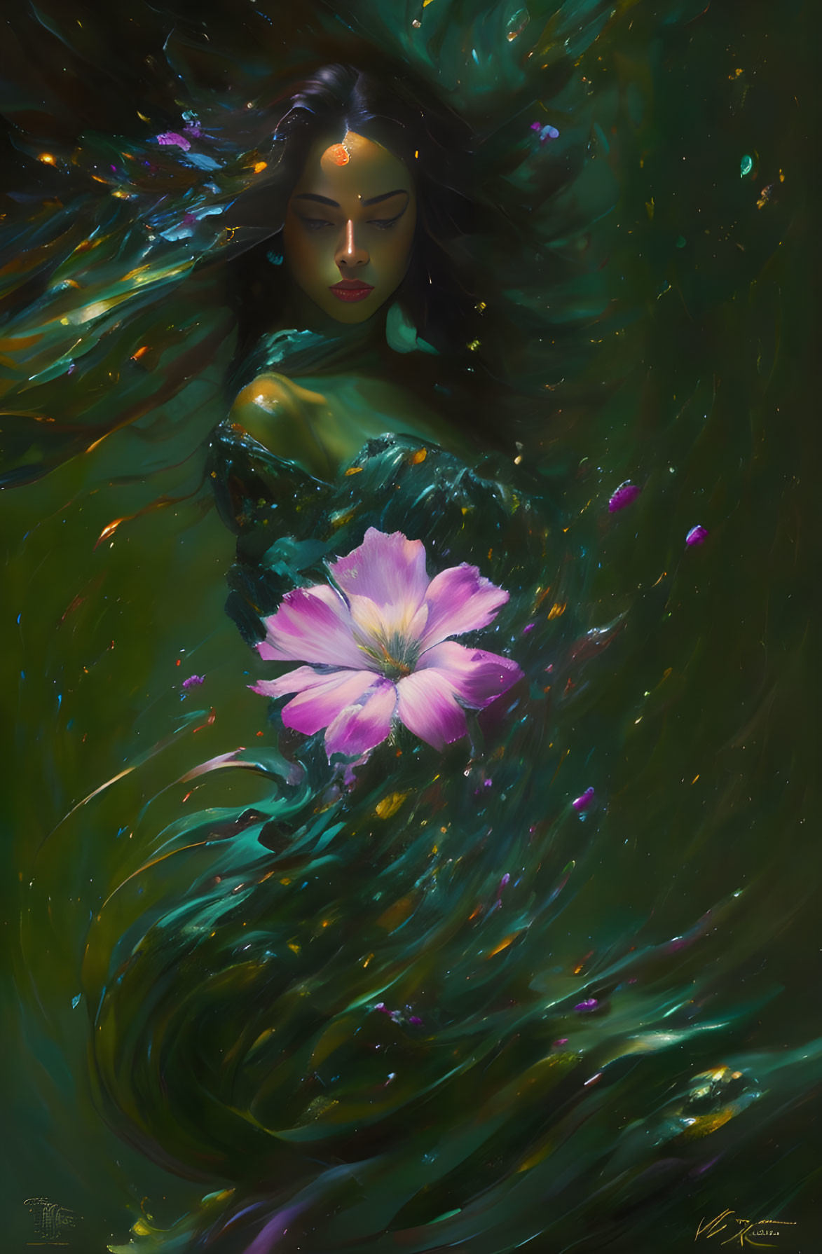 Mystical woman in green dress merges with swirling colors and pink flower