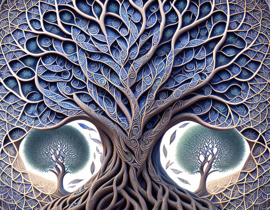 Detailed Tree Illustration with Swirling Branches and Circular Landscapes