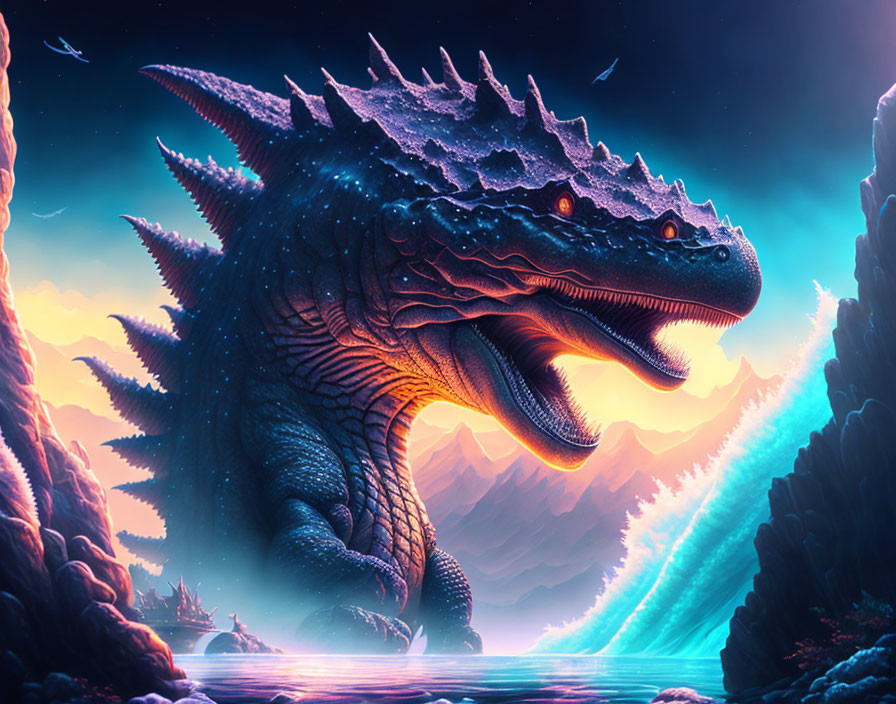 Majestic dragon with glowing eyes at sunset overlooking mystical mountain landscape