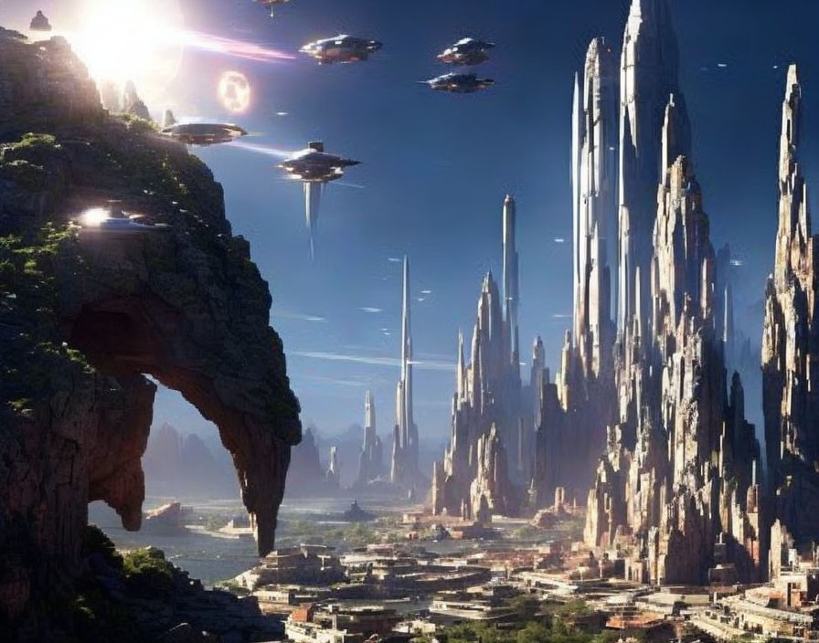 Futuristic cityscape with towering spires, natural arch, flying vehicles, and partial eclipse.