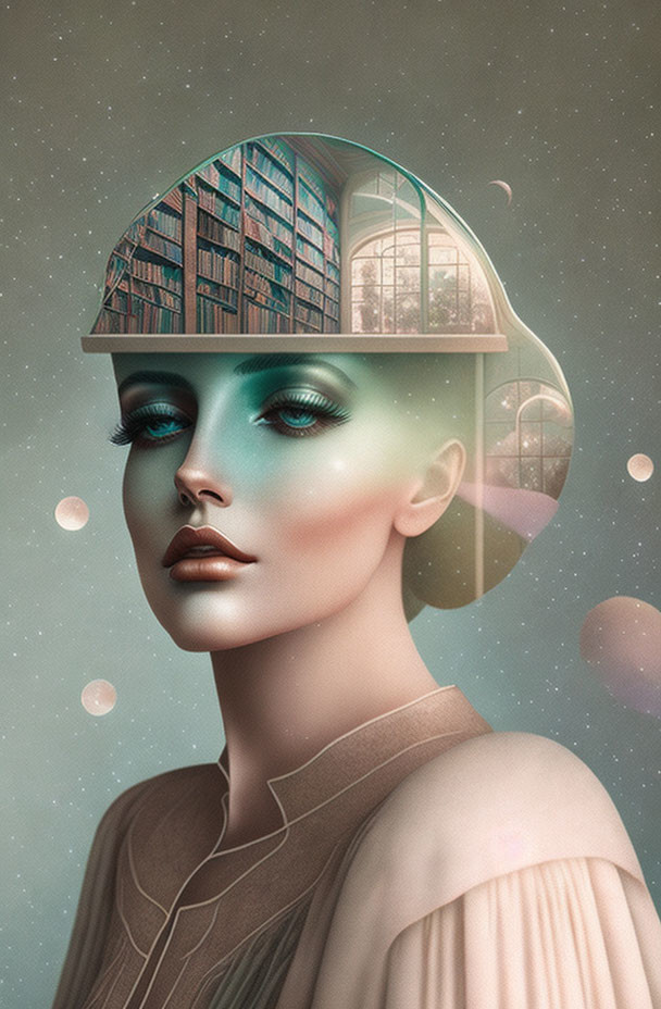 Surreal digital art: woman with building-like headpiece in cosmic scene