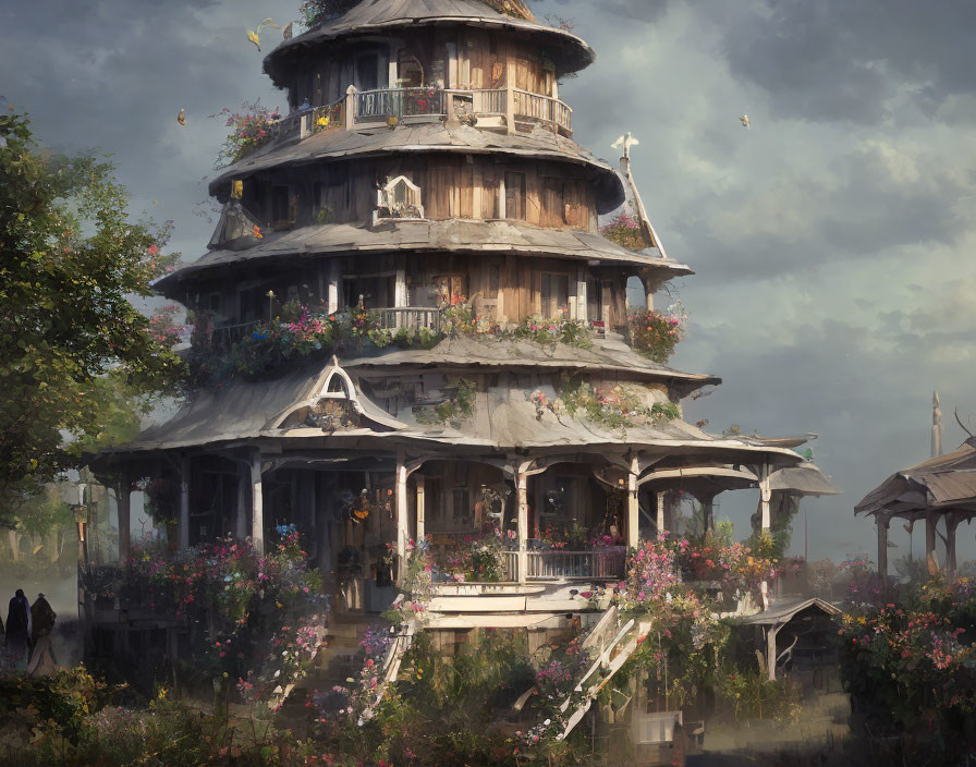 Fantasy wooden house with blooming flowers and birds in serene setting