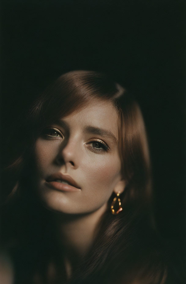 Portrait of a Woman with Auburn Hair and Earring on Dark Background