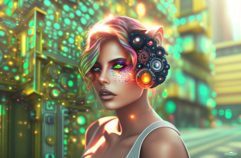 Futuristic digital art: woman with cybernetic ear enhancements in neon cityscape