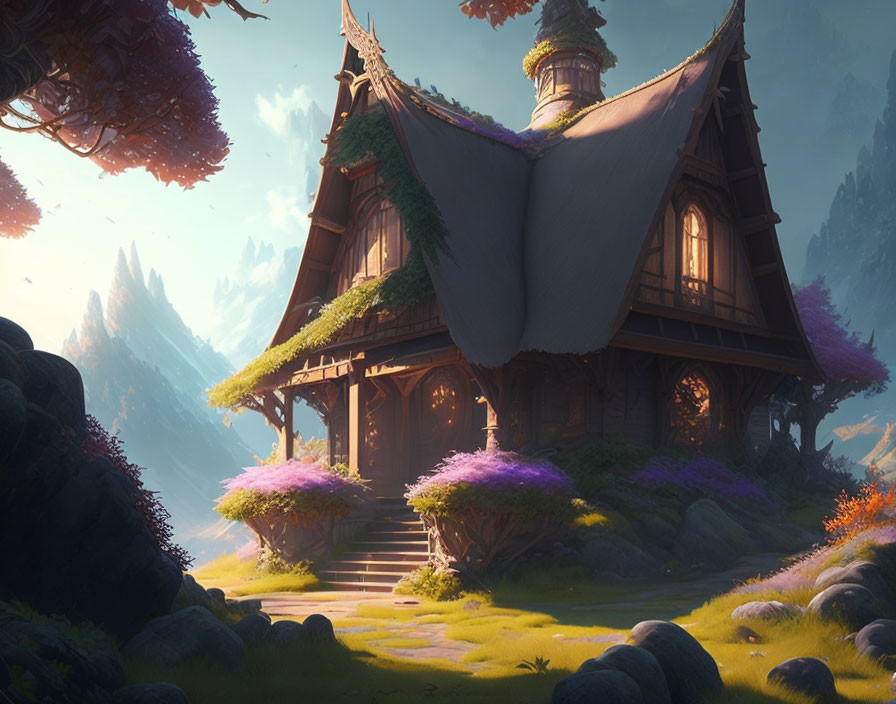 Pointed-roof cottage in mystical forest glade with lush greenery and purple flora at sunrise