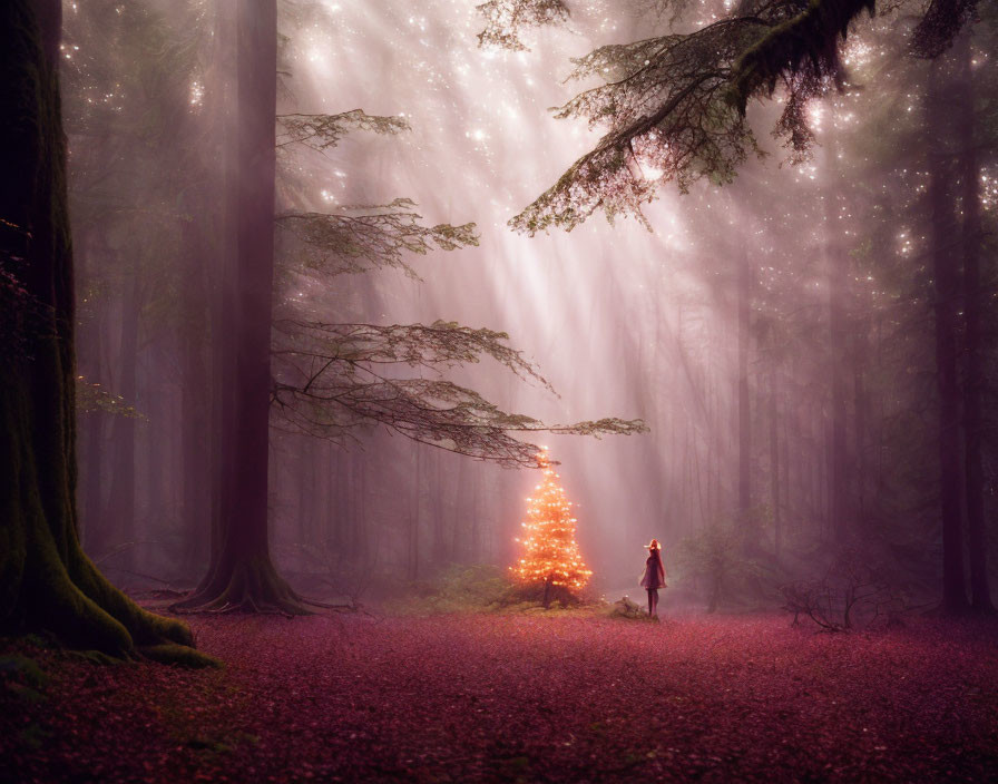 Person near glowing Christmas tree in foggy forest with light rays