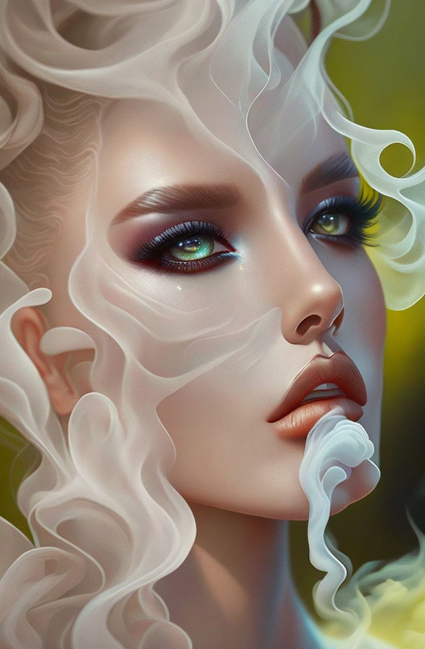 Digital portrait of woman with swirling smoke, green eyes, makeup, yellow-green background