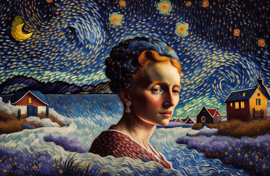 Woman's figure merges with Van Gogh-style Starry Night in portrait