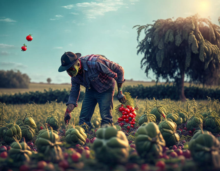 Cowboy hat person picking tomatoes in field at dusk.