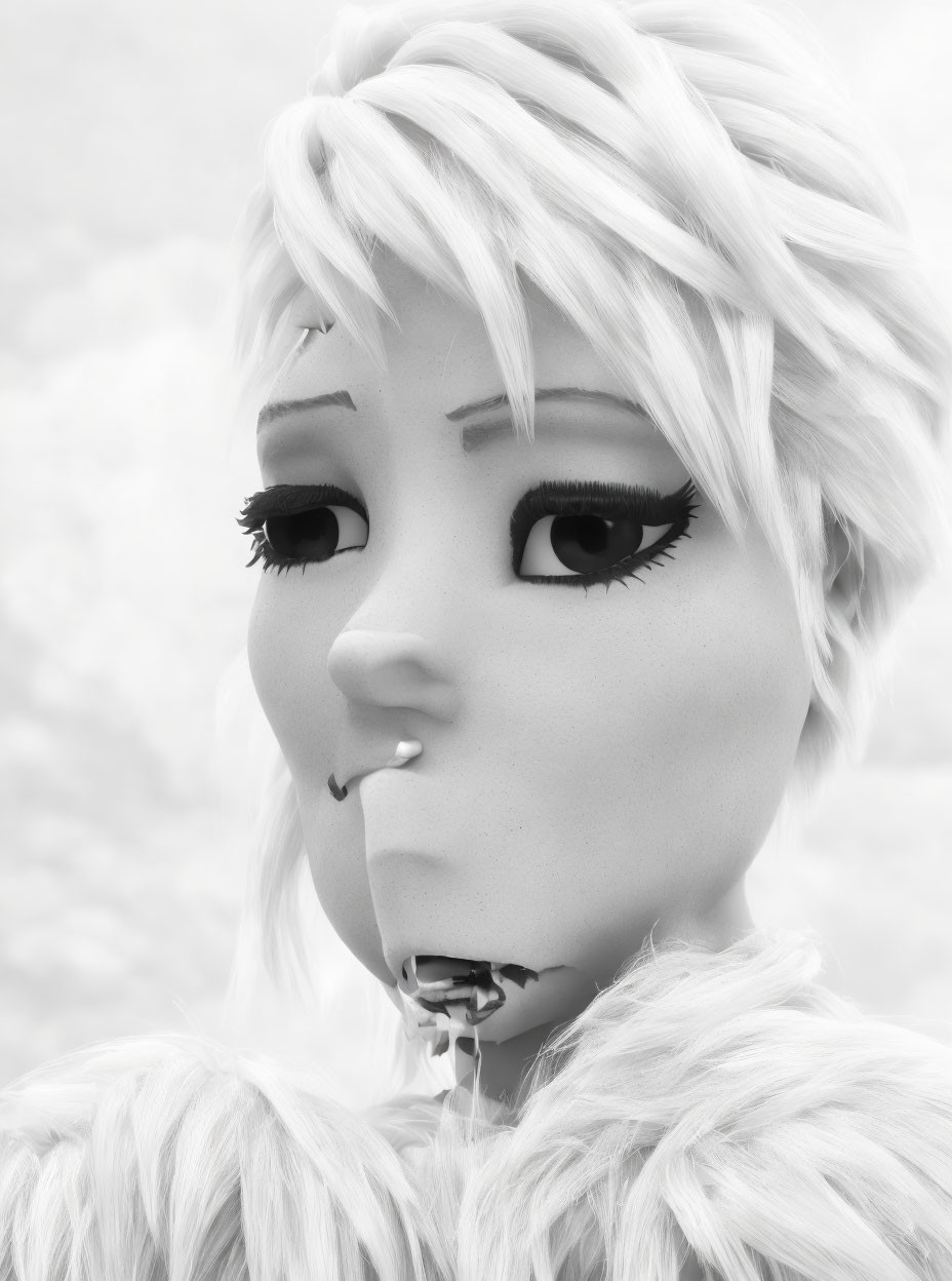 Monochrome humanoid figure with white hair and piercings.