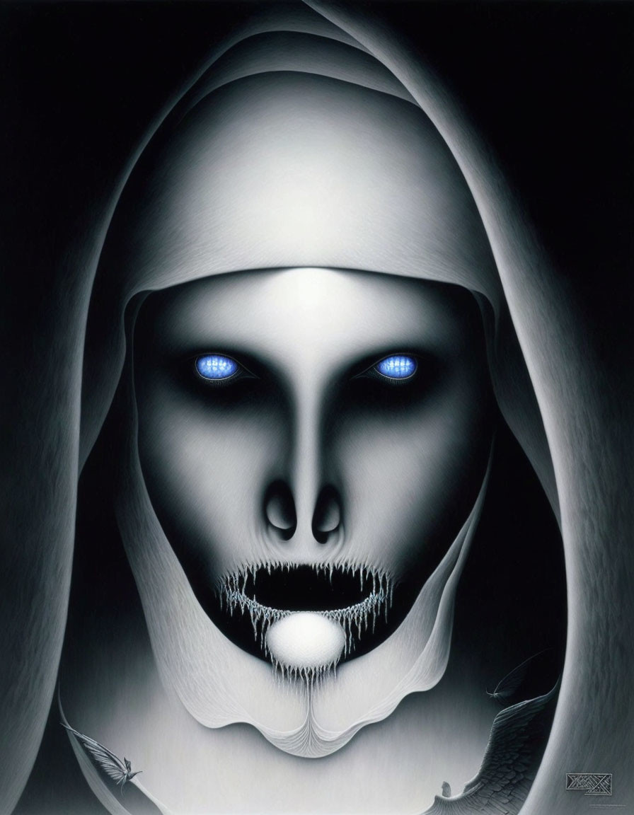 Monochromatic surreal face with blue eyes and ghostly hood, dragonfly and ethereal elements.