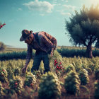 Cowboy hat person picking tomatoes in field at dusk.