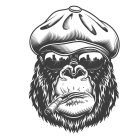 Gorilla with sunglasses and headphones biting silver chain near stylized tree.