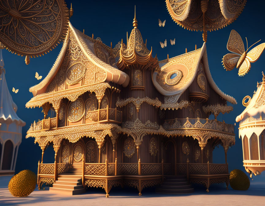 Golden fantasy-style structure with intricate carvings, butterflies, twilight sky