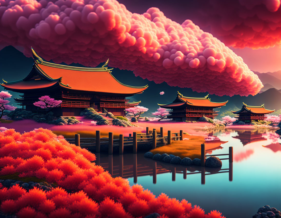 Surreal Japanese architecture with colorful flora and serene lake