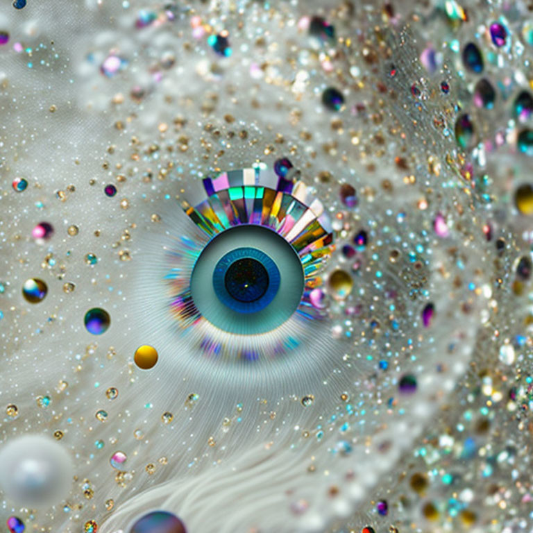 Colorful eye surrounded by swirling glitter and iridescent bubbles.