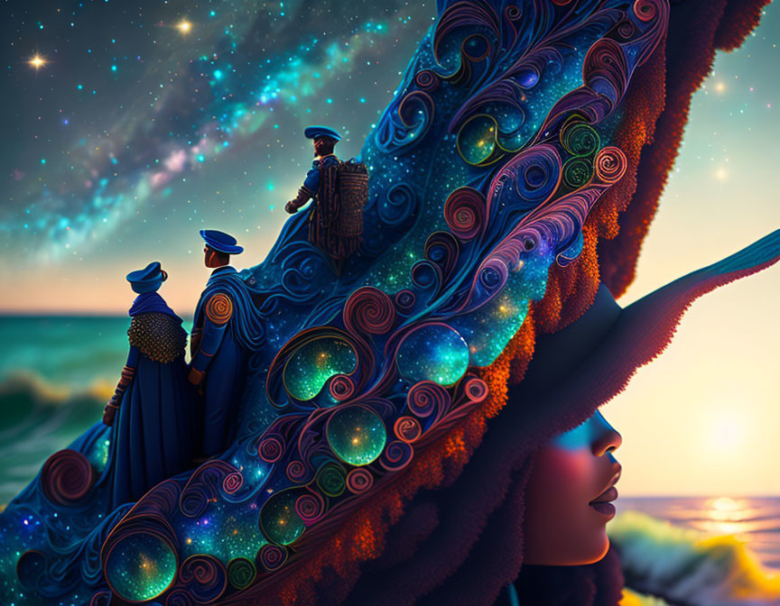 Woman's profile with universe-themed hairdo and figures on spiral staircase in starry twilight.