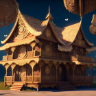 Golden fantasy-style structure with intricate carvings, butterflies, twilight sky