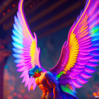 Vibrant fox-like creature with illuminated wings on neon-lit backdrop