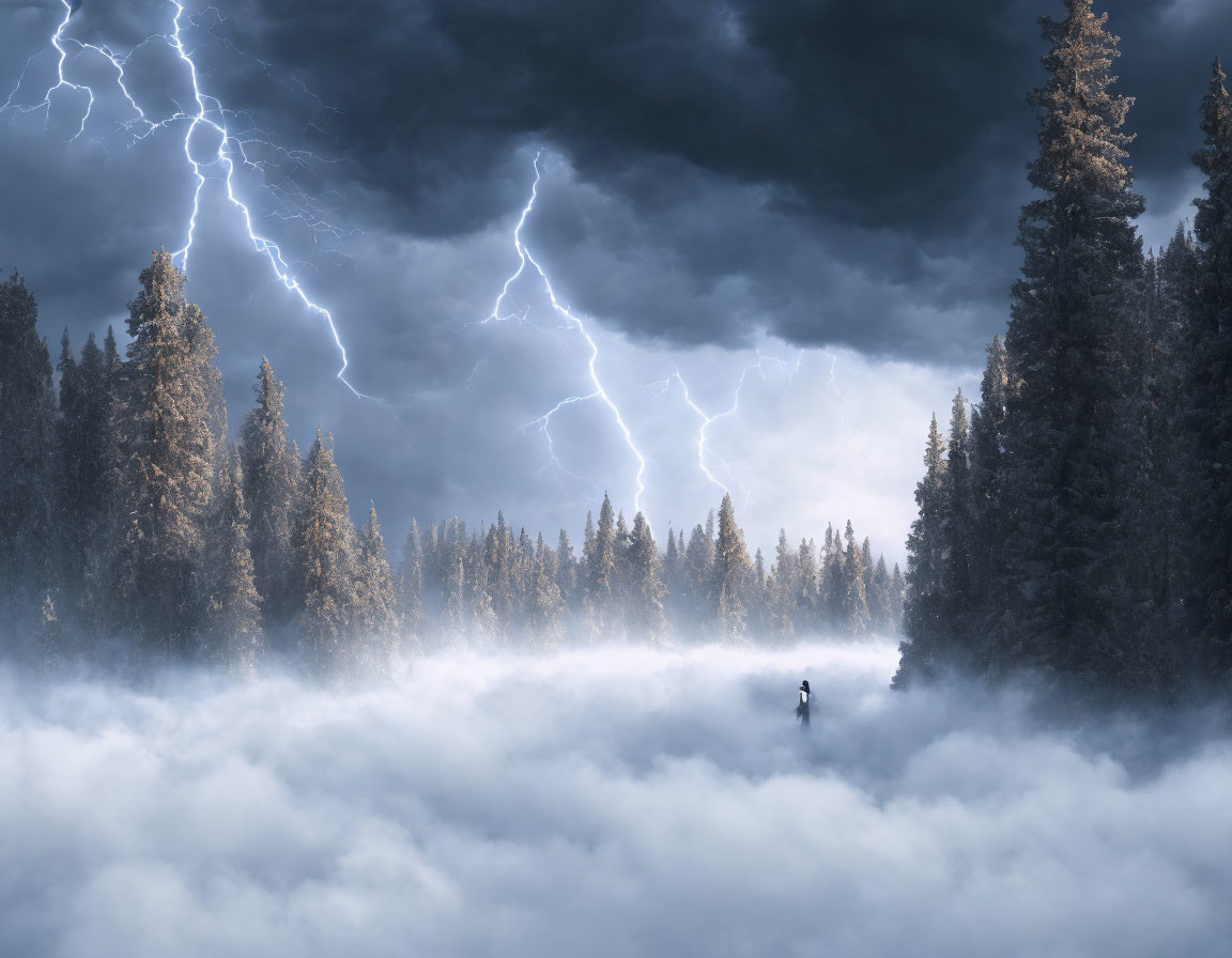 Person in Misty Forest with Lightning Storm