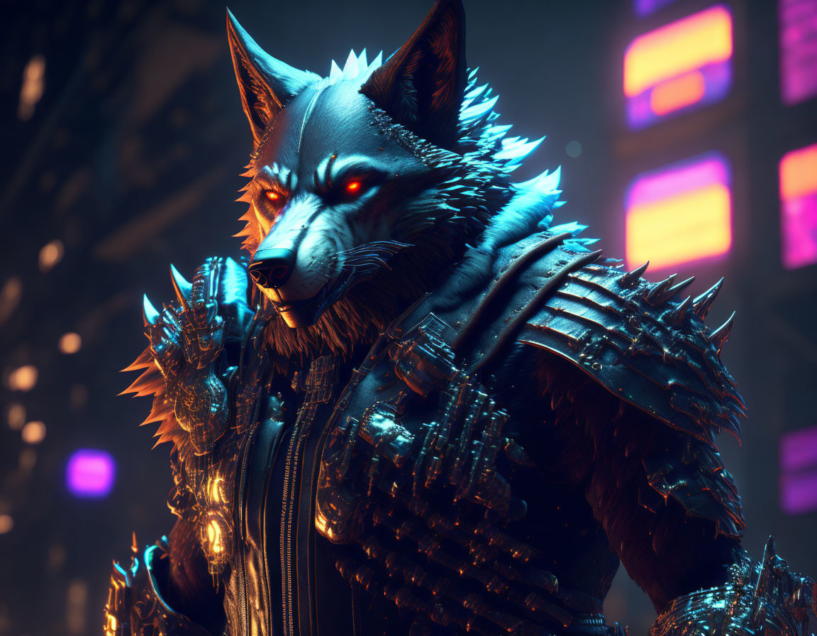 Anthropomorphic wolf in futuristic armor with glowing red eyes in cyberpunk setting