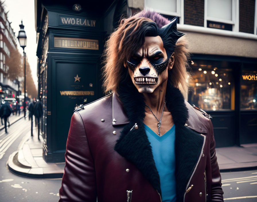 Urban street scene: person in wolf mask with styled hair, burgundy jacket, and blue shirt