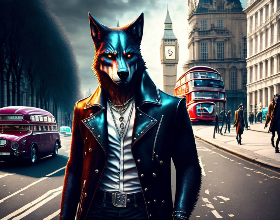 Stylish anthropomorphic wolf in jacket on city street with London buses and Big Ben.