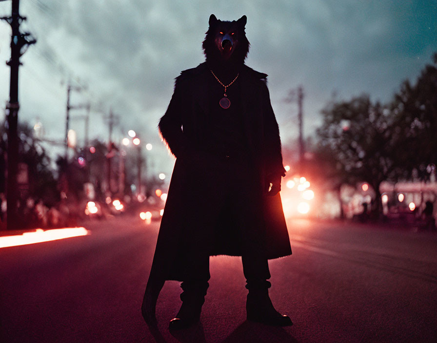 Urban street scene with figure in wolf mask and trench coat at twilight